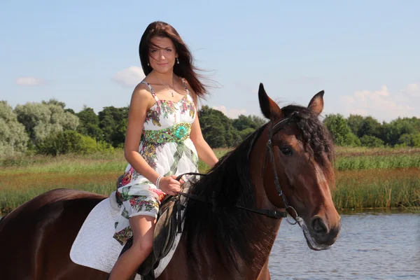 Дівчина з коричневим конем — стокове фото