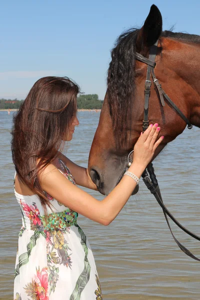 Girl with brown horse — Stock Photo, Image