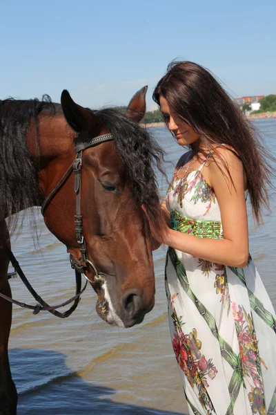 Flicka med brun häst — Stockfoto