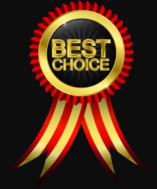 Best choice golden label with red ribbons, vector