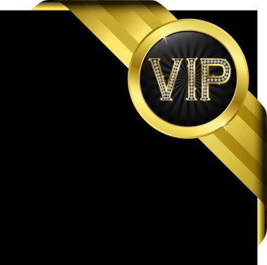 Vip golden label with diamonds and gold ribbons, vector clipart