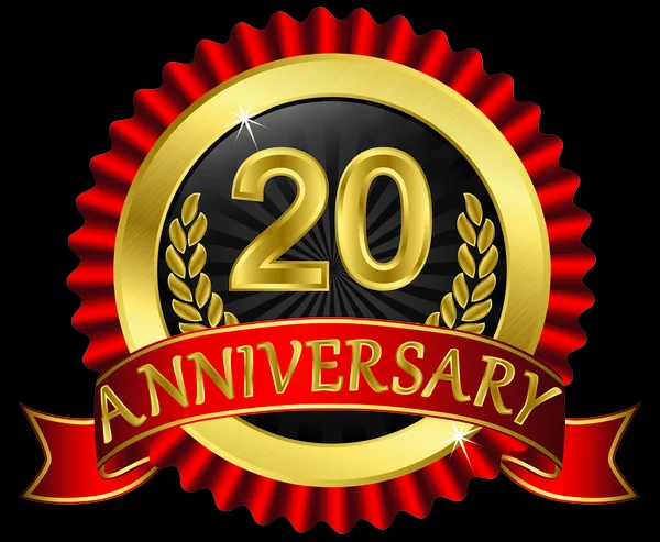 20 anos de etiqueta dourada aniversário com fitas, ilustração vetorial —  Vetores de Stock
