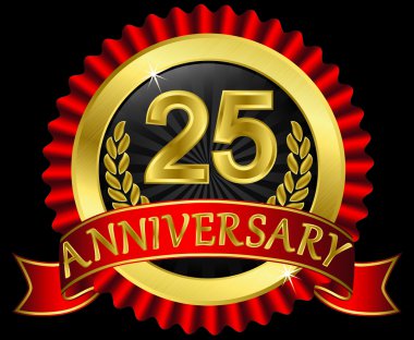 25 years anniversary golden label with ribbons, vector illustration clipart