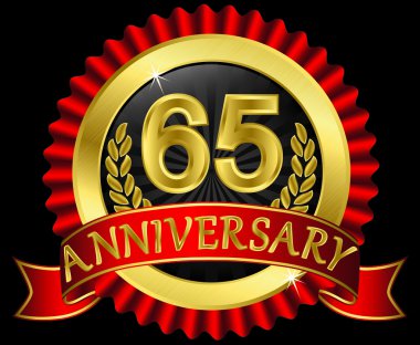 65 years anniversary golden label with ribbons, vector illustration clipart