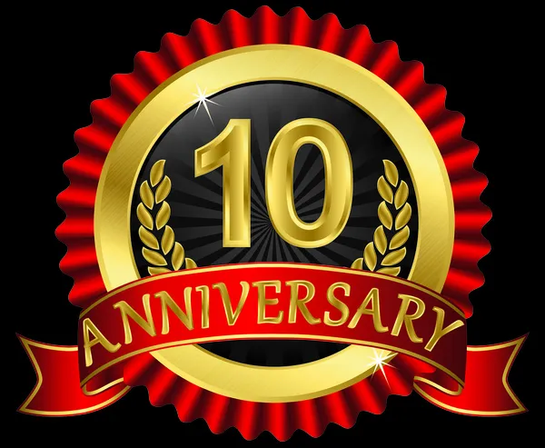 10 años aniversario etiqueta dorada con cintas, ilustración vectorial — Vector de stock