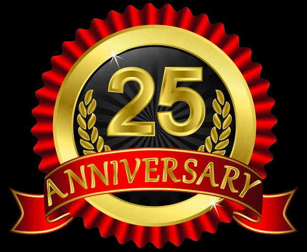 25 anos de etiqueta dourada aniversário com fitas, ilustração vetorial — Vetor de Stock