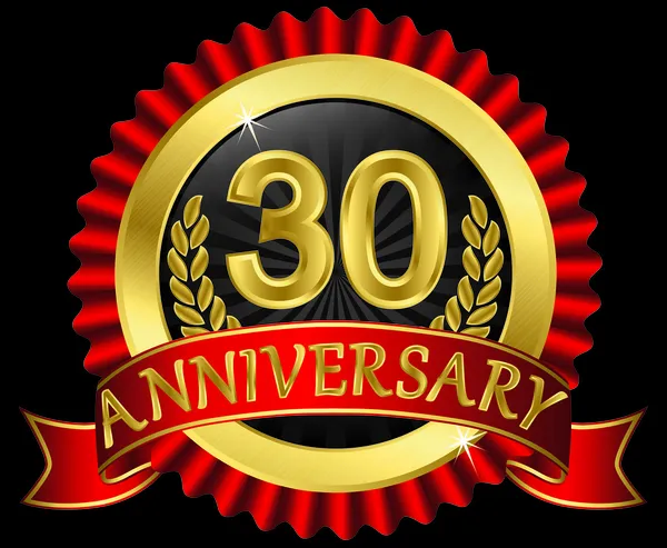 30 anos de etiqueta dourada aniversário com fitas, ilustração vetorial — Vetor de Stock