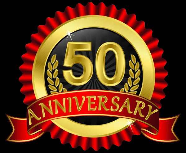 50 anos de etiqueta dourada aniversário com fitas, ilustração vetorial —  Vetores de Stock