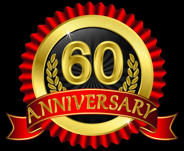 60 anos de etiqueta dourada aniversário com fitas, ilustração vetorial — Vetor de Stock