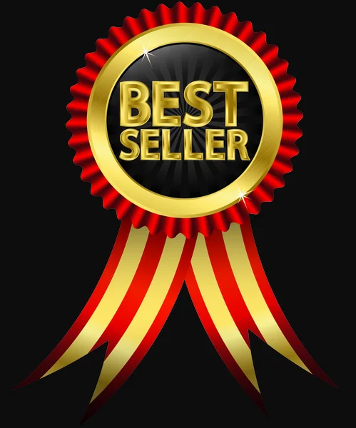 Best seller etiqueta dourada com fitas vermelhas, ilustração vetorial — Vetor de Stock