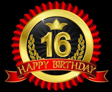 16 years happy birthday golden label with ribbons, vector illustration clipart