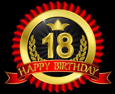 18 years happy birthday golden label with ribbons, vector illustration clipart