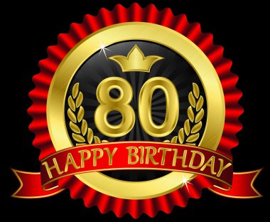 80 years happy birthday golden label with ribbons, vector illustration clipart