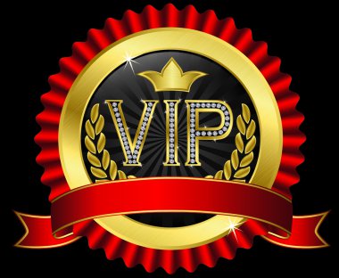 Vip golden label with diamonds and red ribbons, vector clipart