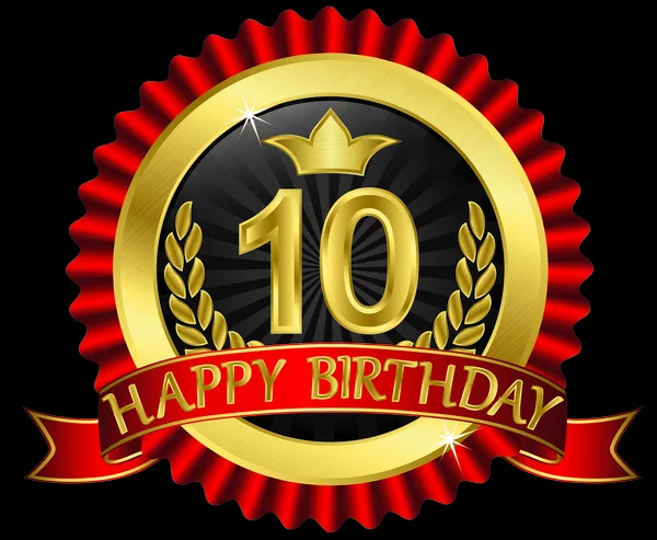 10 años feliz cumpleaños etiqueta de oro con cintas, vector de ilustración — Vector de stock