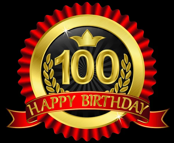 100 anni felice compleanno etichetta d'oro con nastri, illustrazione vettoriale — Vettoriale Stock