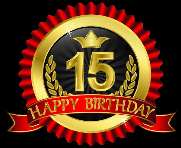 15 anos de feliz aniversário etiqueta dourada com fitas, ilustração vetorial — Vetor de Stock