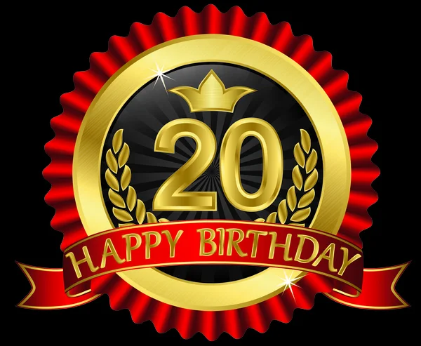20 anos de feliz aniversário etiqueta dourada com fitas, ilustração vetorial — Vetor de Stock