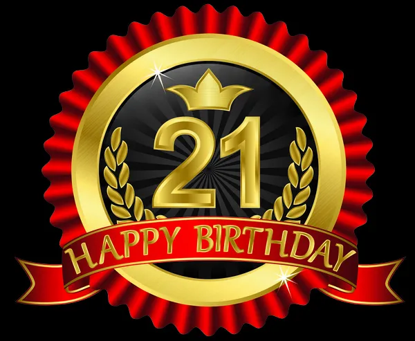 21 años feliz cumpleaños etiqueta de oro con cintas, vector de ilustración — Archivo Imágenes Vectoriales