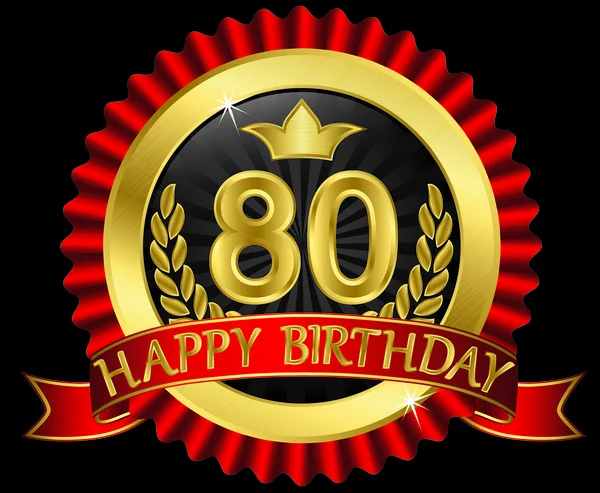 80 anni felice compleanno etichetta d'oro con nastri, illustrazione vettoriale — Vettoriale Stock