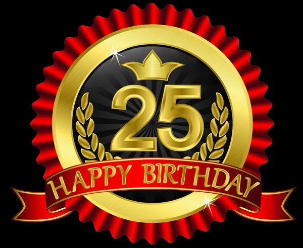 25 anni felice compleanno etichetta d'oro con nastri, illustrazione vettoriale — Vettoriale Stock
