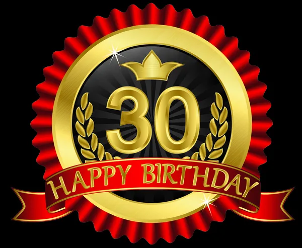 30 anni felice compleanno etichetta d'oro con nastri, illustrazione vettoriale — Vettoriale Stock