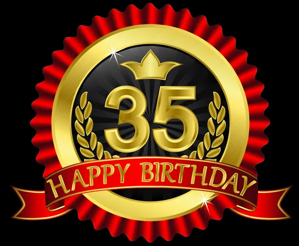 35 anni felice compleanno etichetta d'oro con nastri, illustrazione vettoriale — Vettoriale Stock
