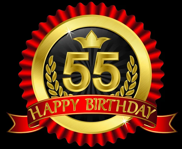 55 anni felice compleanno etichetta d'oro con nastri, illustrazione vettoriale — Vettoriale Stock