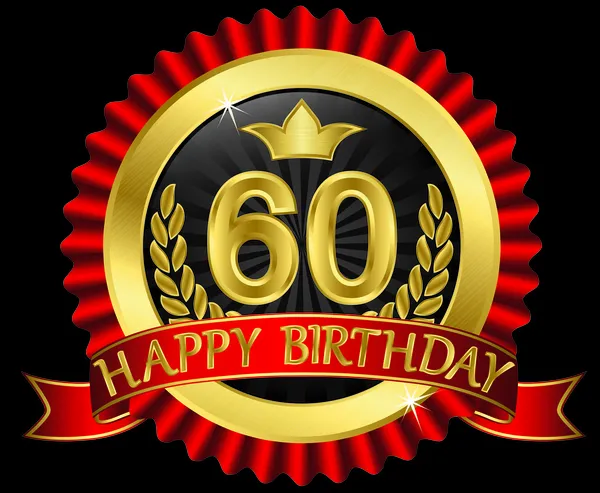 60 anni felice compleanno etichetta d'oro con nastri, illustrazione vettoriale — Vettoriale Stock
