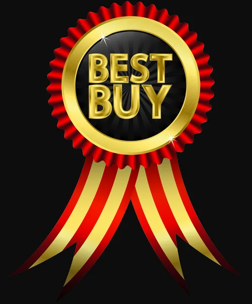 Best buy golden label with red ribbons, vector illustration - Stok Vektor