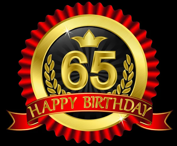 65 anni felice compleanno etichetta d'oro con nastri, illustrazione vettoriale — Vettoriale Stock