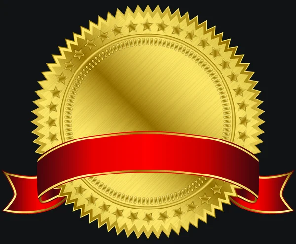 Goldenes Blanko-Etikett mit rotem Band, Vektorillustration — Stockvektor