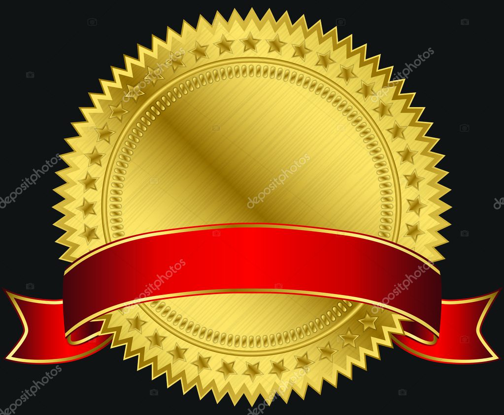 Golden blank label with red ribbon, vector illustration Stock Vector
