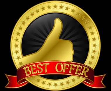 Best offer golden label with red ribbons, vector illustration clipart