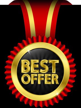 Best offer golden label with red ribbons, vector illustration clipart