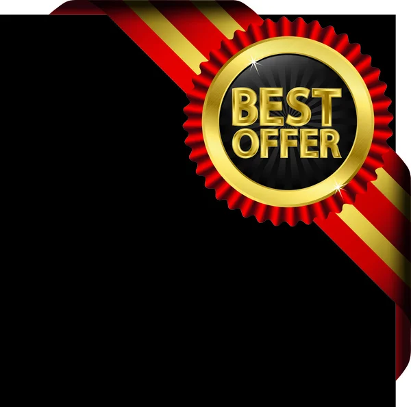 Best offer golden label with red ribbons, vector illustration — Stock Vector