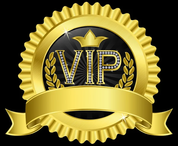 Vip golden label with diamonds and gold ribbons, vector — Stock Vector