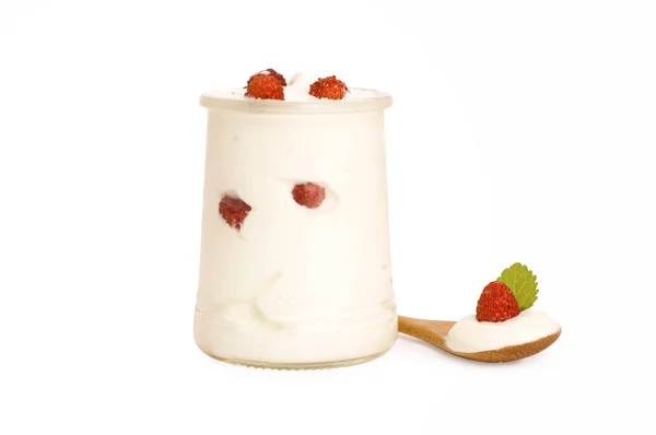 Bowl of yogurt with wild strawberry — Stock Photo, Image