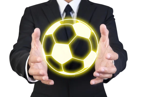 Podnikatel drží grafické zlatý fotbal — Stock fotografie