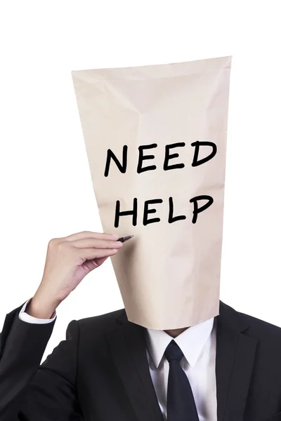 Geschäftsmann decken Kopf brauchen Hilfe — Stockfoto