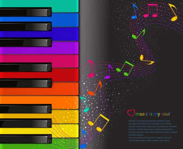 Teclado de piano colorido vectorial con notas musicales en un bac negro — Vector de stock