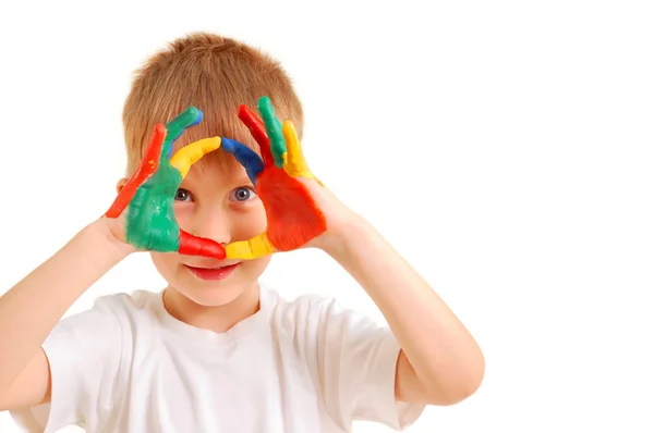 Junge mit Händen in Farbe — Stockfoto