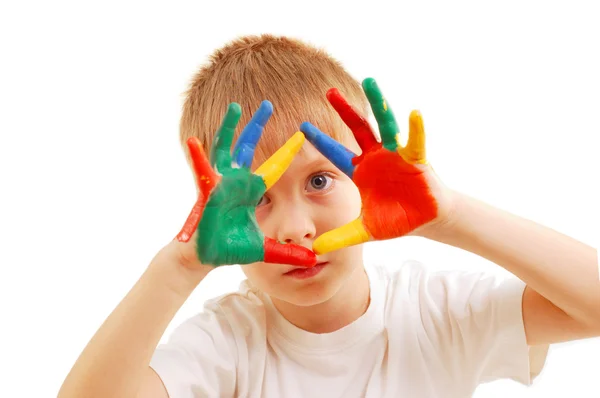 Junge mit Händen in Farbe — Stockfoto