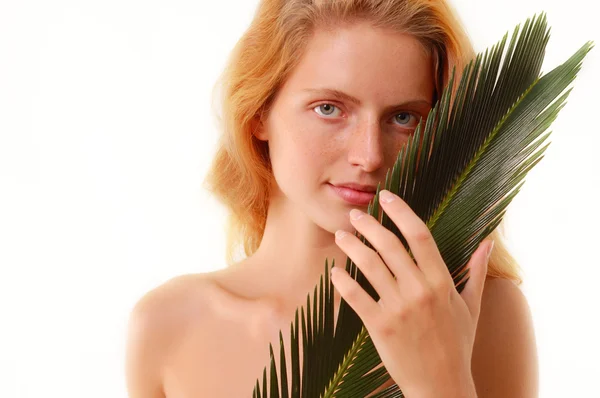 식물을 가진 아름 다운 젊은 여자 — 스톡 사진