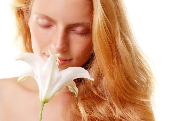 Meisje geur bloem — Stockfoto