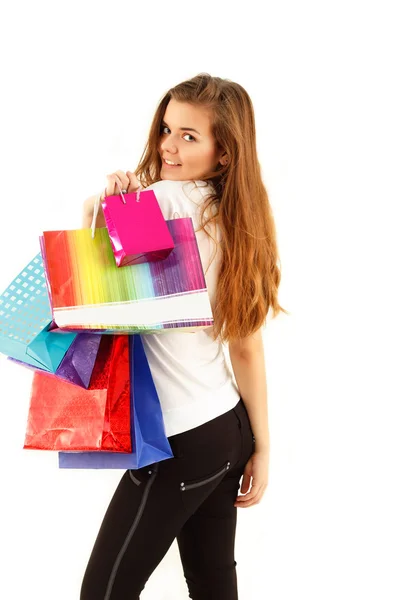 Shopping teen flicka leende med väskor — Stockfoto