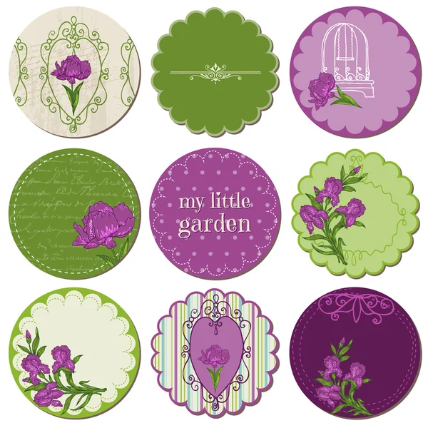 Σχεδιαστικά στοιχεία λευκώματος - Ετικέτες με λουλούδια ίριδας στο άνυσμα — Διανυσματικό Αρχείο