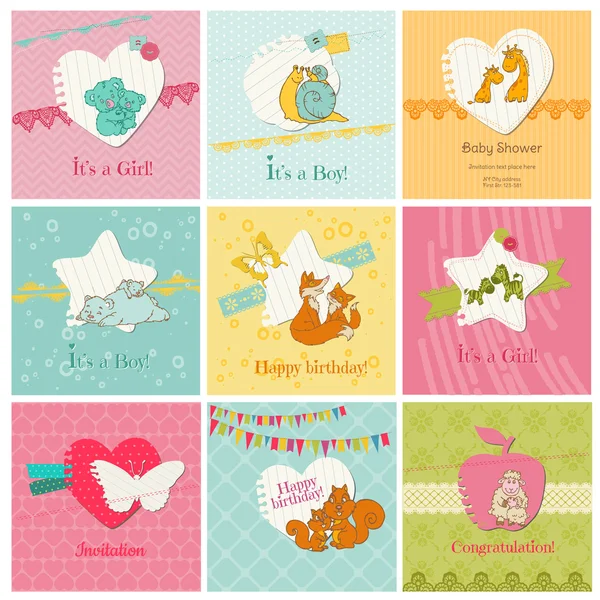 Set di carte colorate per bambini - per arrivo, compleanno, congratulazioni — Vettoriale Stock
