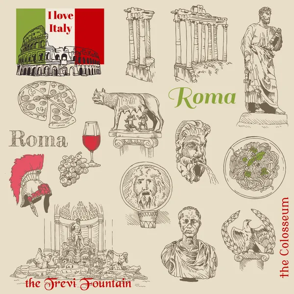 Set de garabatos de Roma - para diseño y álbum de recortes - dibujado a mano — Vector de stock