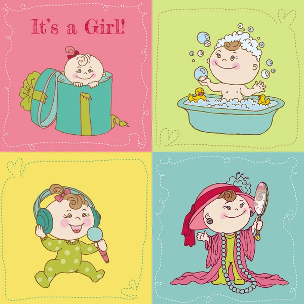 Tarjeta de llegada de la niña o tarjeta de ducha de bebé - en el vector — Archivo Imágenes Vectoriales